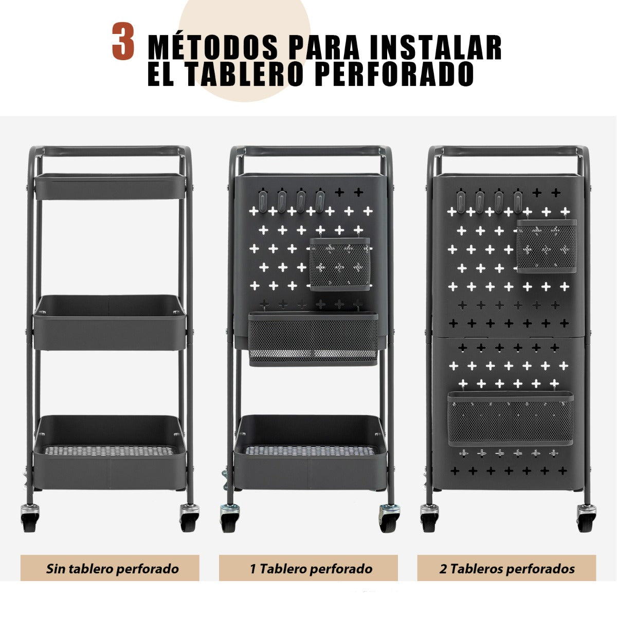 Carro Giratorio de 3 Niveles con Doble Placa de Madera para Bricolaje 2 Cestas y 4 Ganchos 52 x 33 x 75 cm para Cocina y Oficina Gris