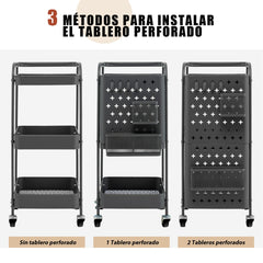 Carro Giratorio de 3 Niveles con Doble Placa de Madera para Bricolaje 2 Cestas y 4 Ganchos 52 x 33 x 75 cm para Cocina y Oficina Gris