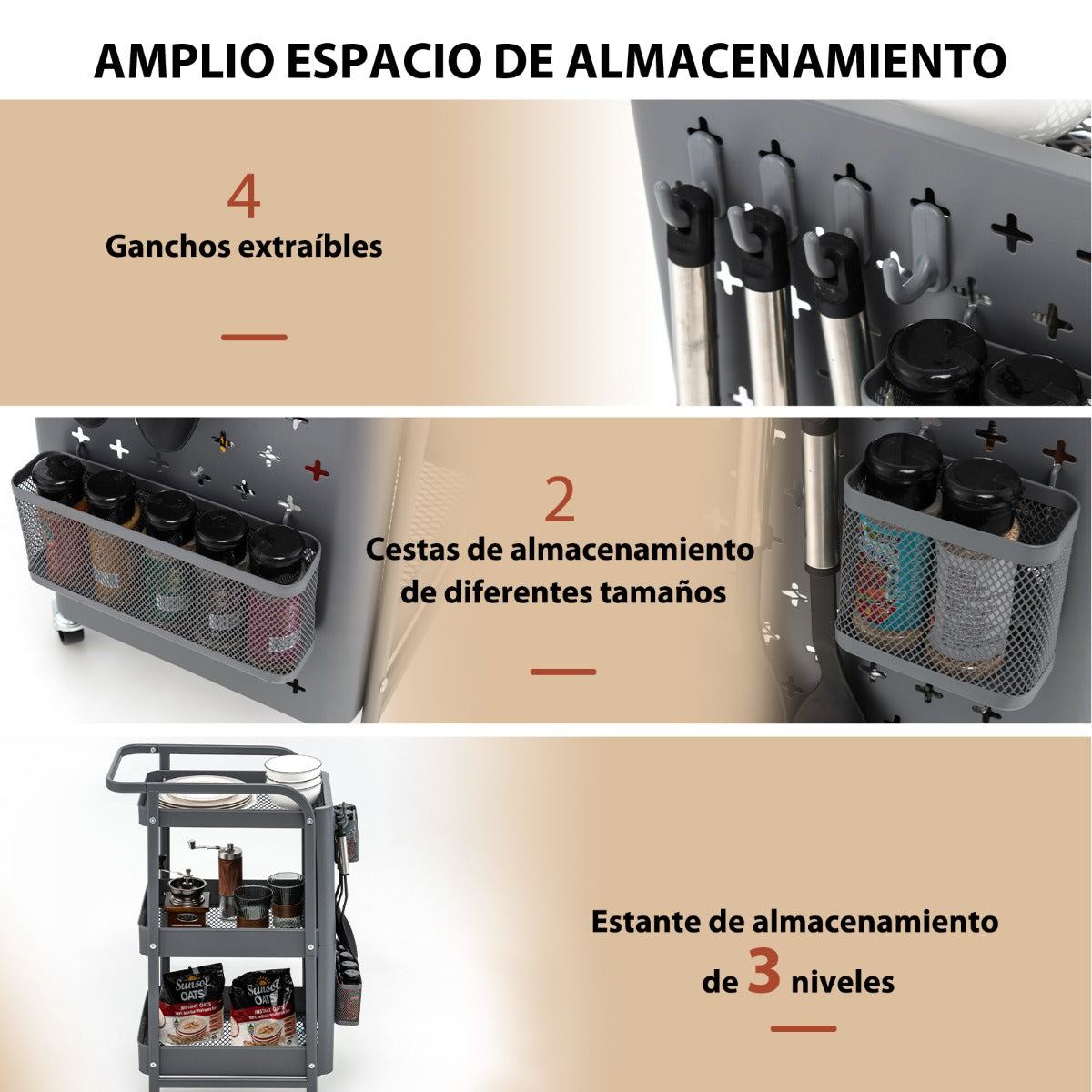 Carro Giratorio de 3 Niveles con Doble Placa de Madera para Bricolaje 2 Cestas y 4 Ganchos 52 x 33 x 75 cm para Cocina y Oficina Gris