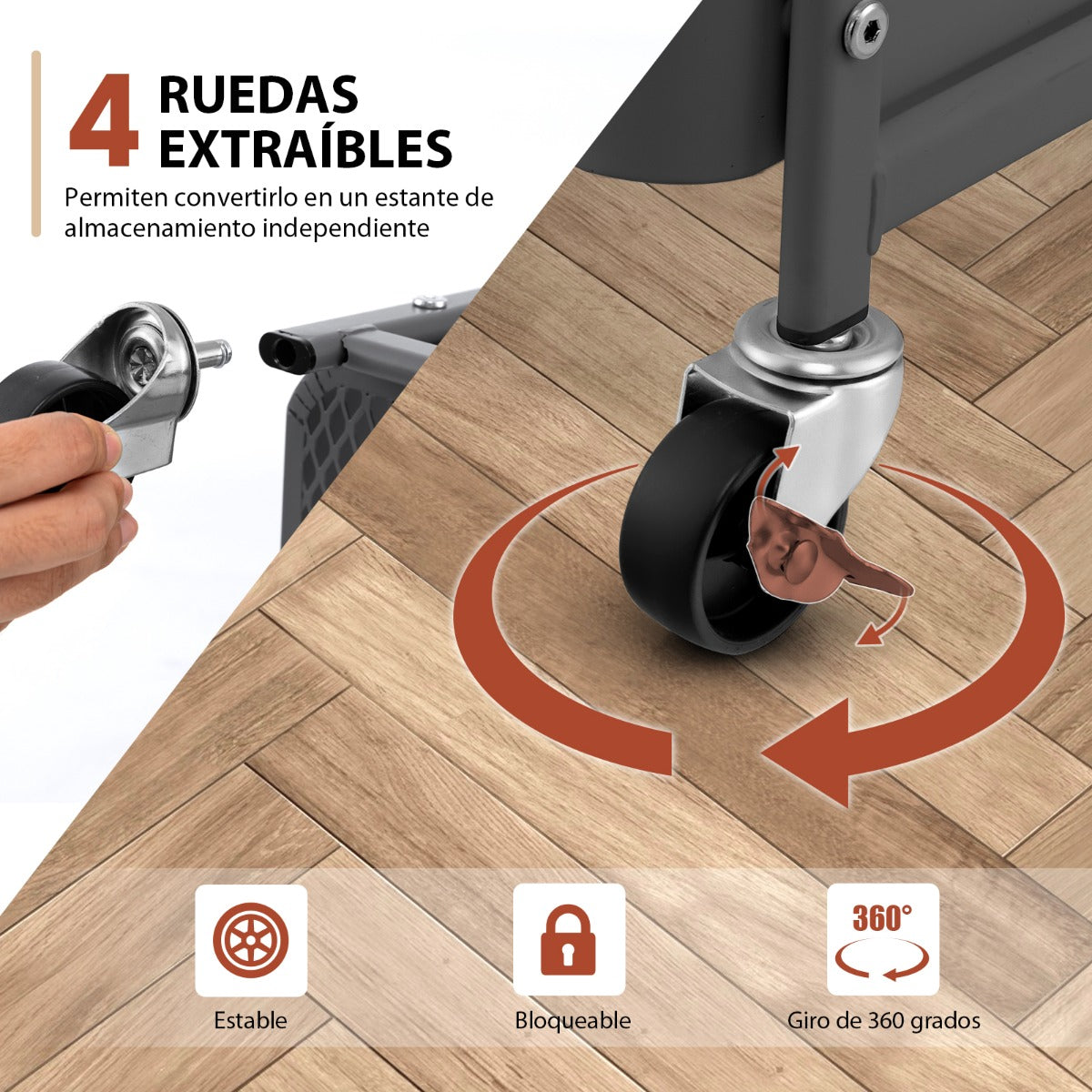 Carro Giratorio de 3 Niveles con Doble Placa de Madera para Bricolaje 2 Cestas y 4 Ganchos 52 x 33 x 75 cm para Cocina y Oficina Gris
