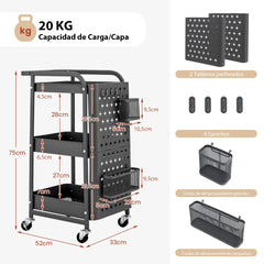Carro Giratorio de 3 Niveles con Doble Placa de Madera para Bricolaje 2 Cestas y 4 Ganchos 52 x 33 x 75 cm para Cocina y Oficina Gris