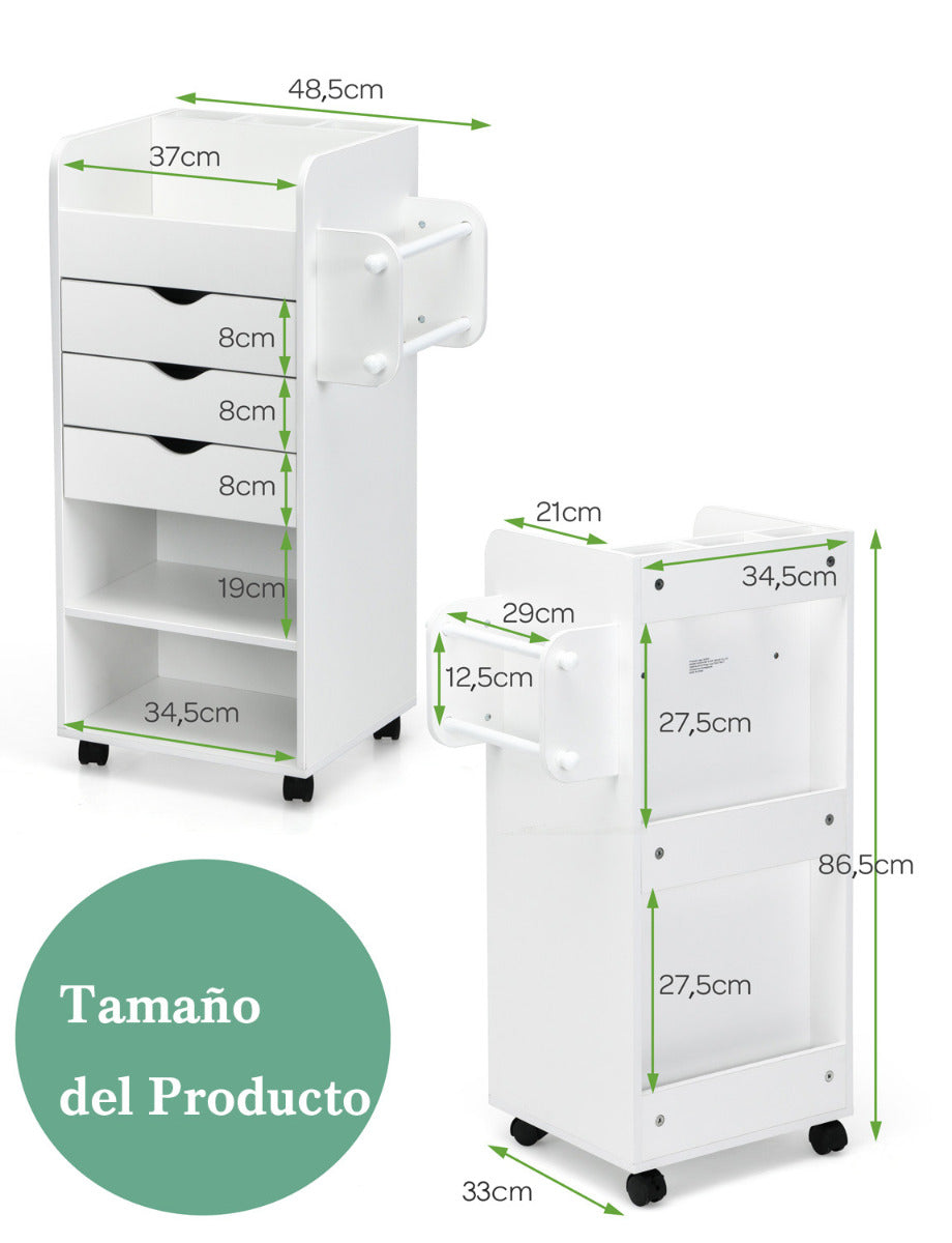 Carro con Ruedas 3 Cajones para Manualidades Mesa Auxiliar 3 Repisas para Estudio Salón Oficina 48,5 x 33 x 86,5 cm Blanco