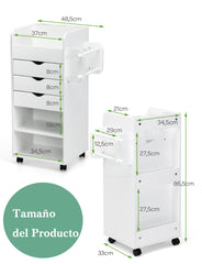Carro con Ruedas 3 Cajones para Manualidades Mesa Auxiliar 3 Repisas para Estudio Salón Oficina 48,5 x 33 x 86,5 cm Blanco