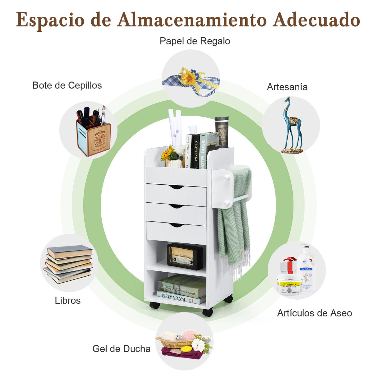 Carro con Ruedas 3 Cajones para Manualidades Mesa Auxiliar 3 Repisas para Estudio Salón Oficina 48,5 x 33 x 86,5 cm Blanco