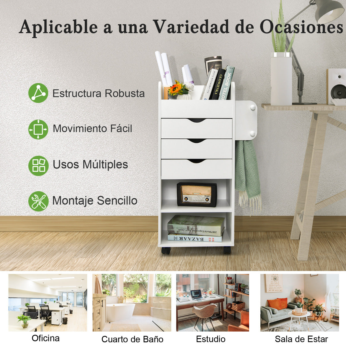 Carro con Ruedas 3 Cajones para Manualidades Mesa Auxiliar 3 Repisas para Estudio Salón Oficina 48,5 x 33 x 86,5 cm Blanco