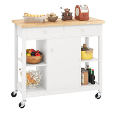 Carro Móvil para Cocina con Tapa de Madera Caucho 4 Estantes Abiertos 2 Cajones 1 Gabinete Carro Utilitario de Servir para Comedor Blanco