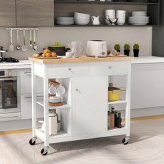 Carro Móvil para Cocina con Tapa de Madera Caucho 4 Estantes Abiertos 2 Cajones 1 Gabinete Carro Utilitario de Servir para Comedor Blanco