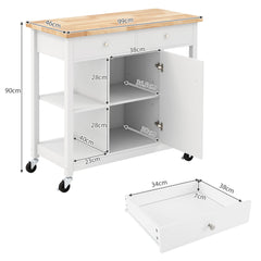 Carro Móvil para Cocina con Tapa de Madera Caucho 4 Estantes Abiertos 2 Cajones 1 Gabinete Carro Utilitario de Servir para Comedor Blanco