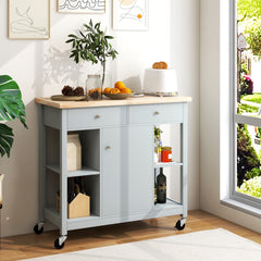 Carro Móvil para Cocina con Tapa de Madera Caucho 4 Estantes Abiertos 2 Cajones 1 Gabinete Carro Utilitario de Servir para Comedor Gris