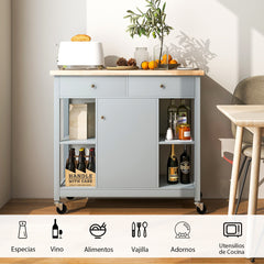 Carro Móvil para Cocina con Tapa de Madera Caucho 4 Estantes Abiertos 2 Cajones 1 Gabinete Carro Utilitario de Servir para Comedor Gris