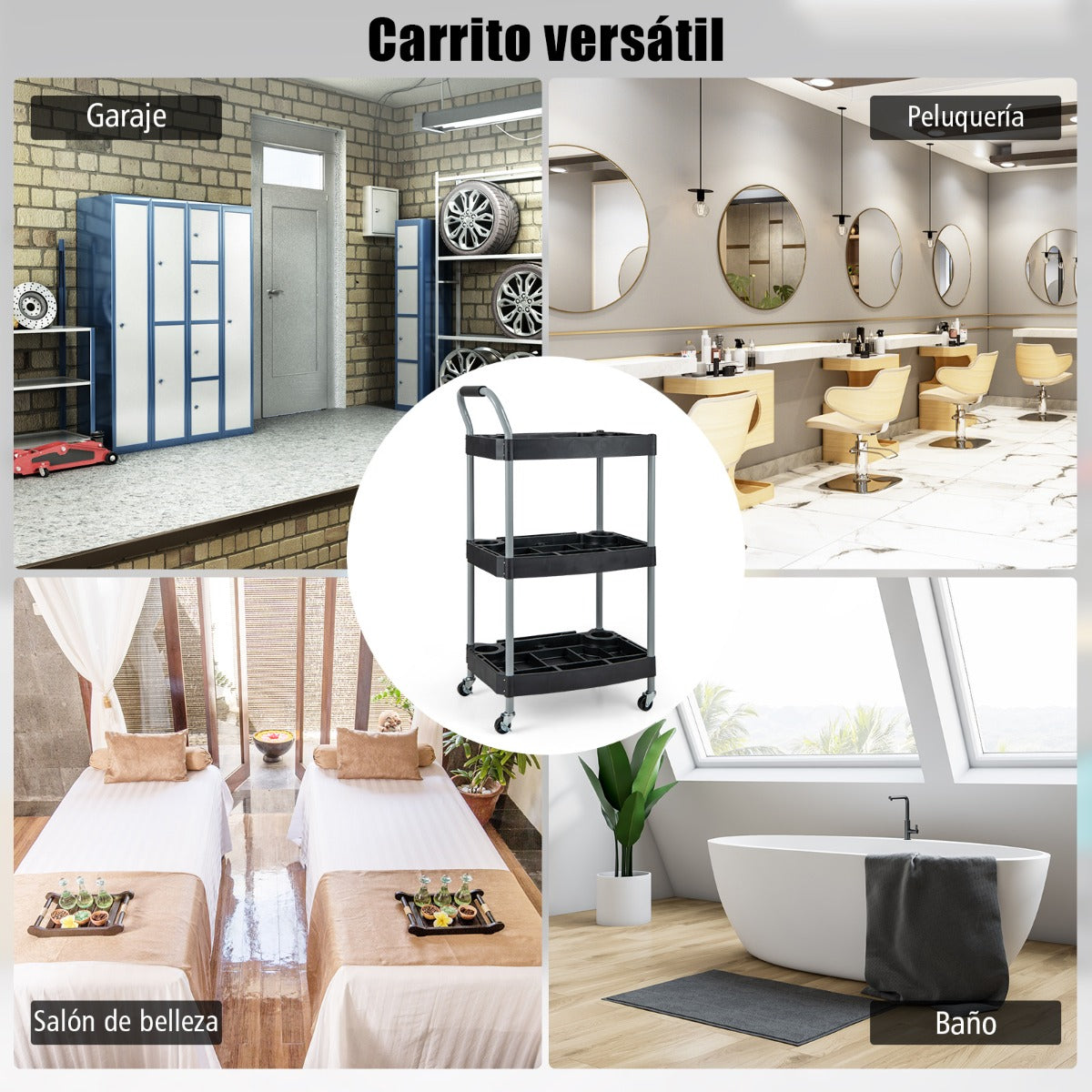 Carro Móvil de Herramientas de 3 Capas con Divisor Múltiple Mango de Esponja Rueda Giratoria para Garaje Proyecto de Bricolaje Negro