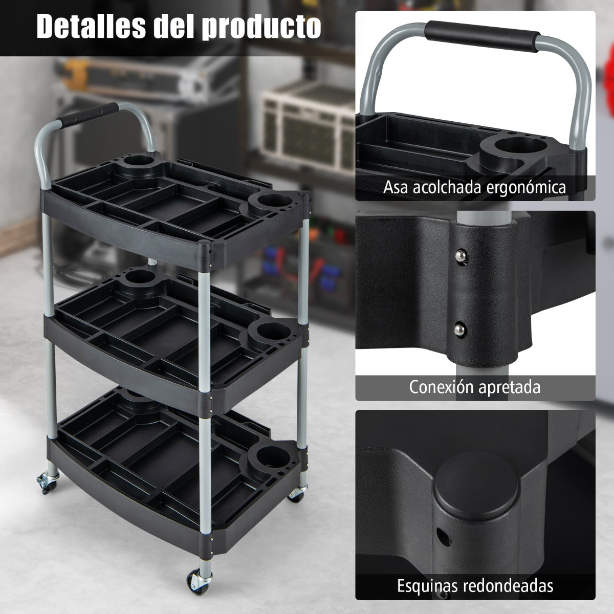 Carro Móvil de Herramientas de 3 Capas con Divisor Múltiple Mango de Esponja Rueda Giratoria para Garaje Proyecto de Bricolaje Negro