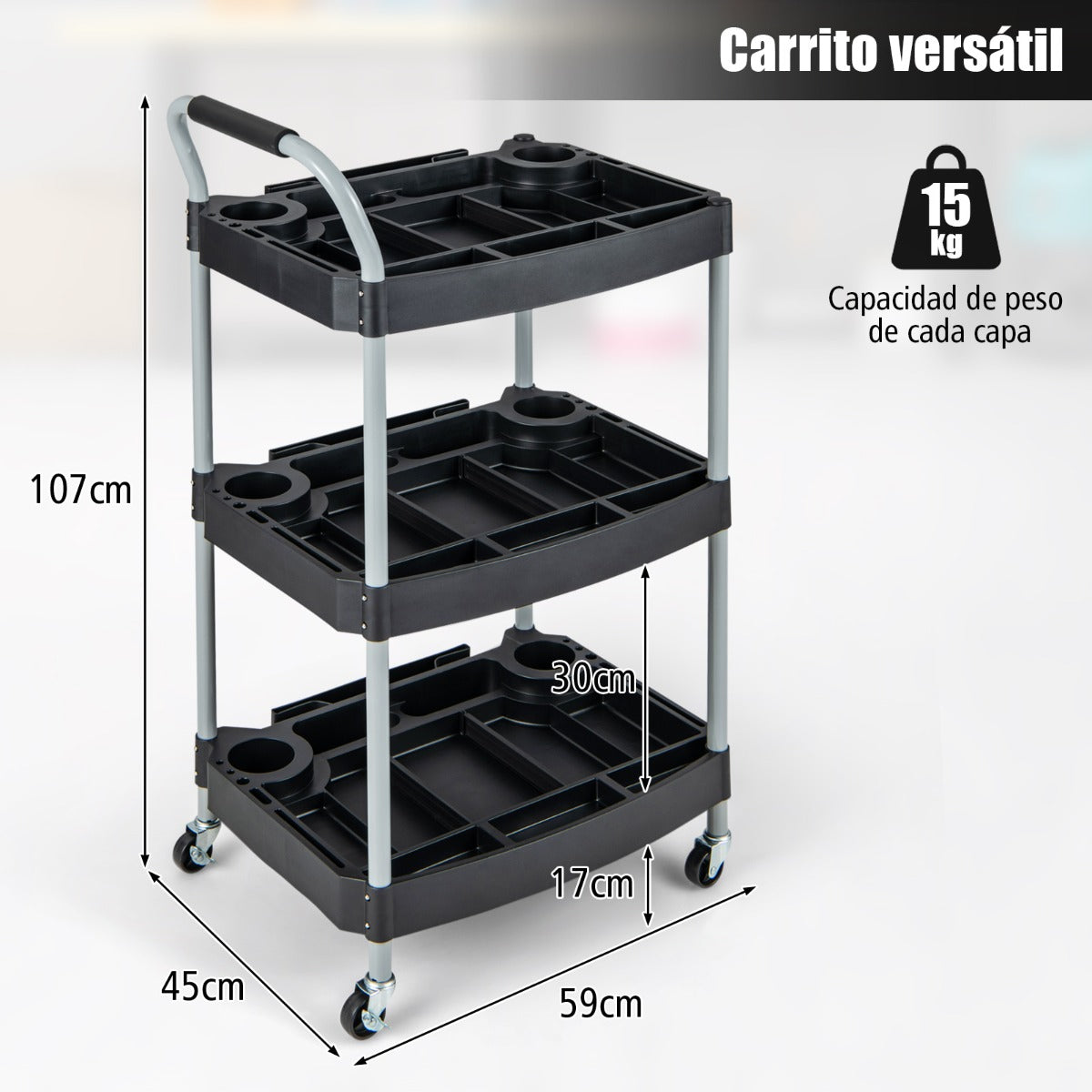 Carro Móvil de Herramientas de 3 Capas con Divisor Múltiple Mango de Esponja Rueda Giratoria para Garaje Proyecto de Bricolaje Negro