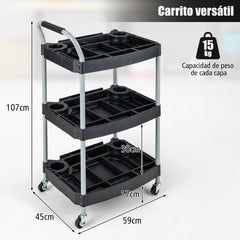 Carro Móvil de Herramientas de 3 Capas con Divisor Múltiple Mango de Esponja Rueda Giratoria para Garaje Proyecto de Bricolaje Negro