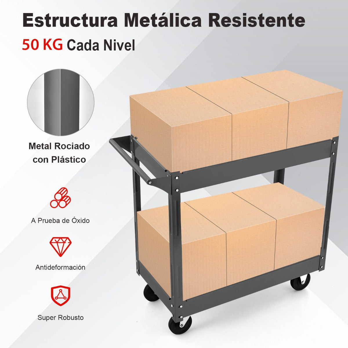 Carro Multiusos de 2 Pisos con Manija y Estructura de Metal Carro de Servicio Doble Capa para Casa Carga 50 kg 85 x 41 x 79 cm Negro