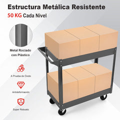 Carro Multiusos de 2 Pisos con Manija y Estructura de Metal Carro de Servicio Doble Capa para Casa Carga 50 kg 85 x 41 x 79 cm Negro