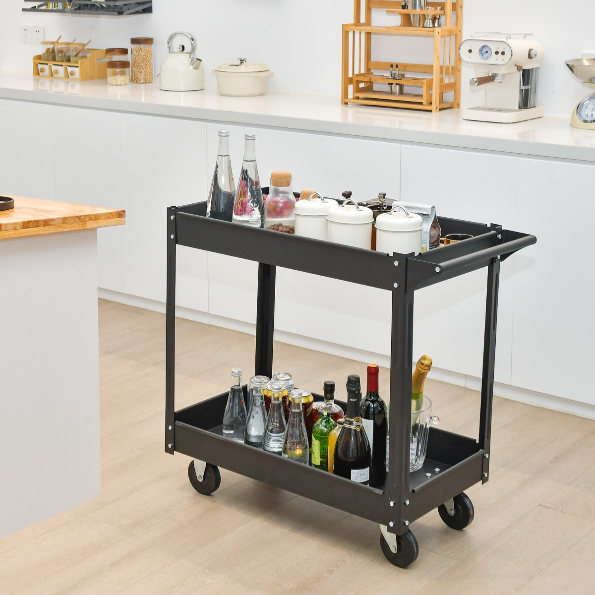Carro Multiusos de 2 Pisos con Manija y Estructura de Metal Carro de Servicio Doble Capa para Casa Carga 50 kg 85 x 41 x 79 cm Negro