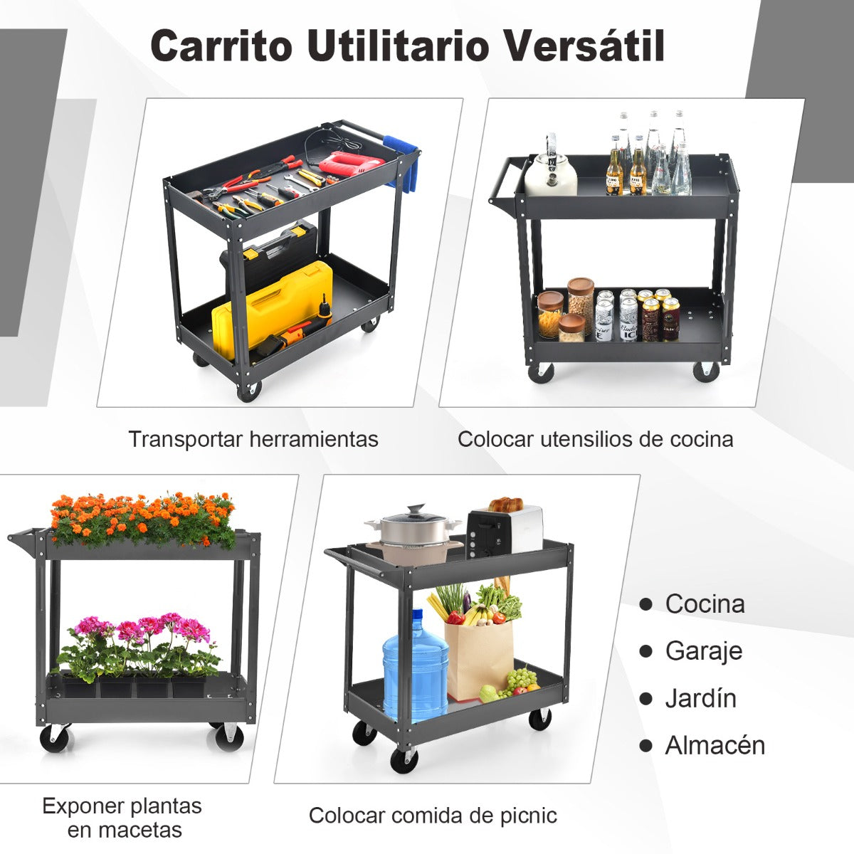 Carro Multiusos de 2 Pisos con Manija y Estructura de Metal Carro de Servicio Doble Capa para Casa Carga 50 kg 85 x 41 x 79 cm Negro