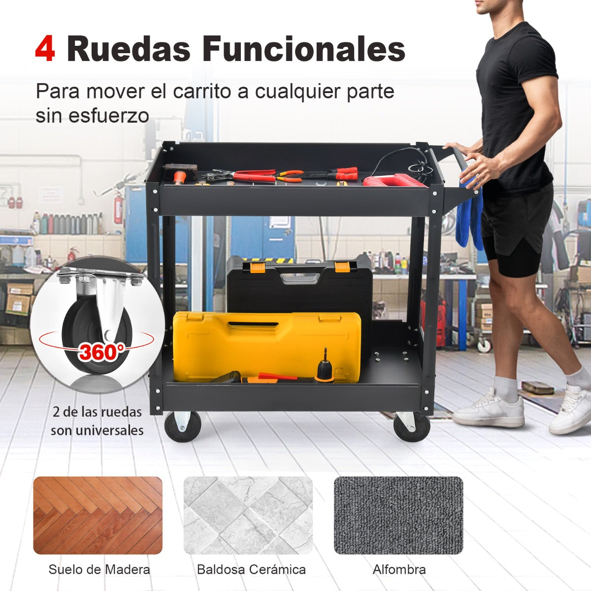 Carro Multiusos de 2 Pisos con Manija y Estructura de Metal Carro de Servicio Doble Capa para Casa Carga 50 kg 85 x 41 x 79 cm Negro