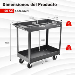 Carro Multiusos de 2 Pisos con Manija y Estructura de Metal Carro de Servicio Doble Capa para Casa Carga 50 kg 85 x 41 x 79 cm Negro