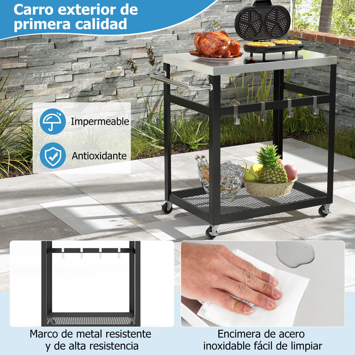Carro para Parrilla de Acero Inoxidable de 2 Niveles con Ruedas y Asa Carro con Soporte para Horno de Pizza para Exterior Patio Negro