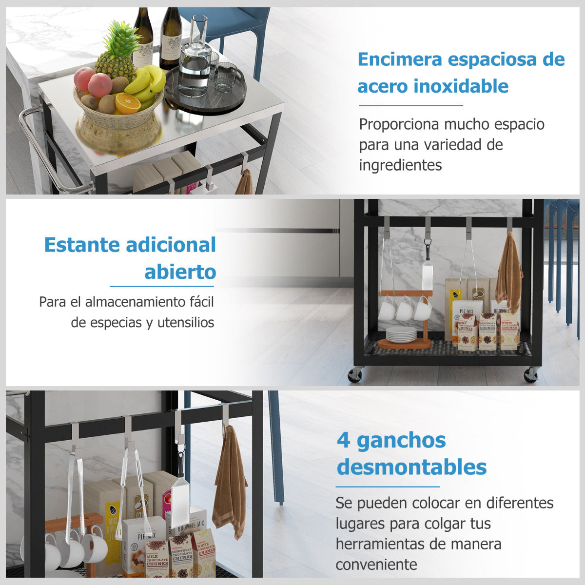 Carro para Parrilla de Acero Inoxidable de 2 Niveles con Ruedas y Asa Carro con Soporte para Horno de Pizza para Exterior Patio Negro