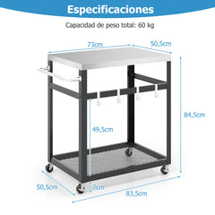 Carro para Parrilla de Acero Inoxidable de 2 Niveles con Ruedas y Asa Carro con Soporte para Horno de Pizza para Exterior Patio Negro