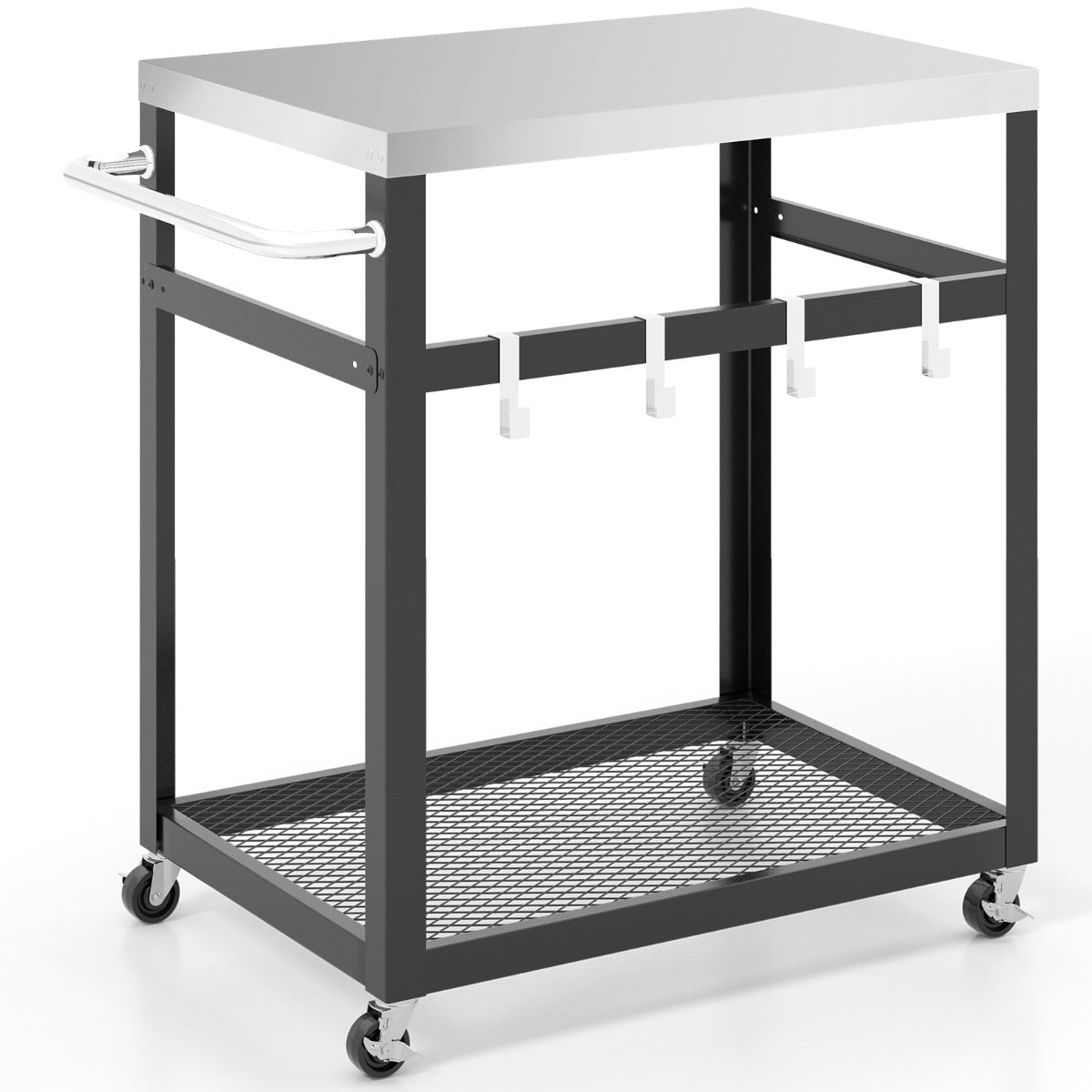 Carro para Parrilla de Acero Inoxidable de 2 Niveles con Ruedas y Asa Carro con Soporte para Horno de Pizza para Exterior Patio Negro