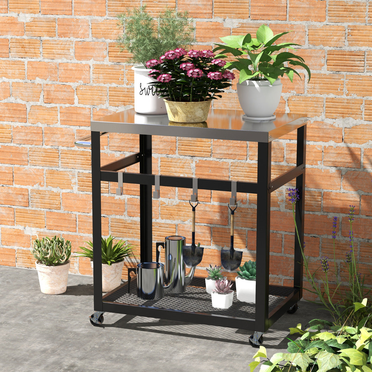 Carro para Parrilla de Acero Inoxidable de 2 Niveles con Ruedas y Asa Carro con Soporte para Horno de Pizza para Exterior Patio Negro