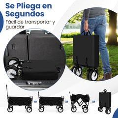 Carro Plegable de Jardín para Camping Carro Utilitario de Alta Resistencia con Soportes para Bebidas Mango Ajustable para Compras Negro