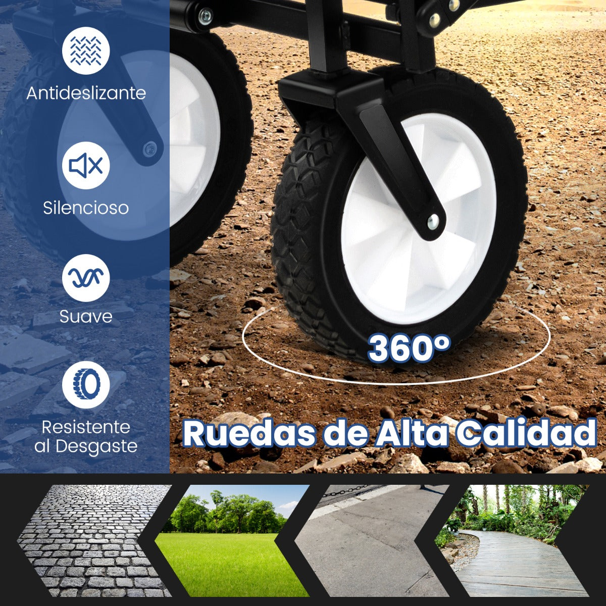 Carro Plegable de Jardín para Camping Carro Utilitario de Alta Resistencia con Soportes para Bebidas Mango Ajustable para Compras Negro