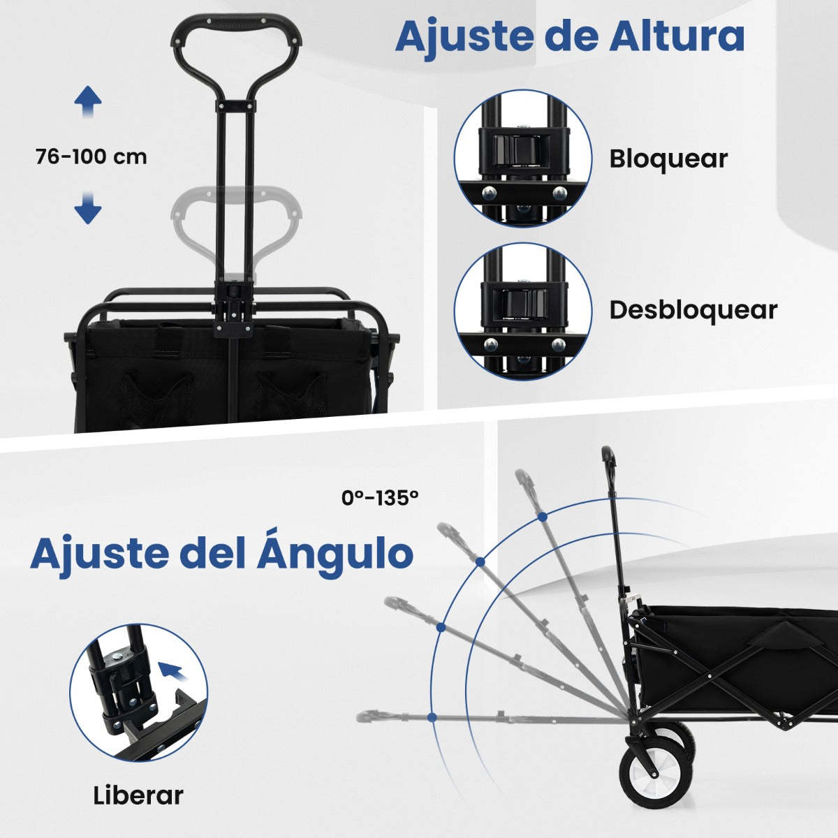 Carro Plegable de Jardín para Camping Carro Utilitario de Alta Resistencia con Soportes para Bebidas Mango Ajustable para Compras Negro