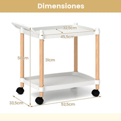 Carro Rodante de 2 Niveles Carro de Utilidad de Plástico con Ruedas Marco de Madera de Haya para Oficina Sala de Estar Cocina Blanco