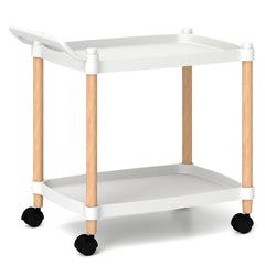 Carro Rodante de 2 Niveles Carro de Utilidad de Plástico con Ruedas Marco de Madera de Haya para Oficina Sala de Estar Cocina Blanco