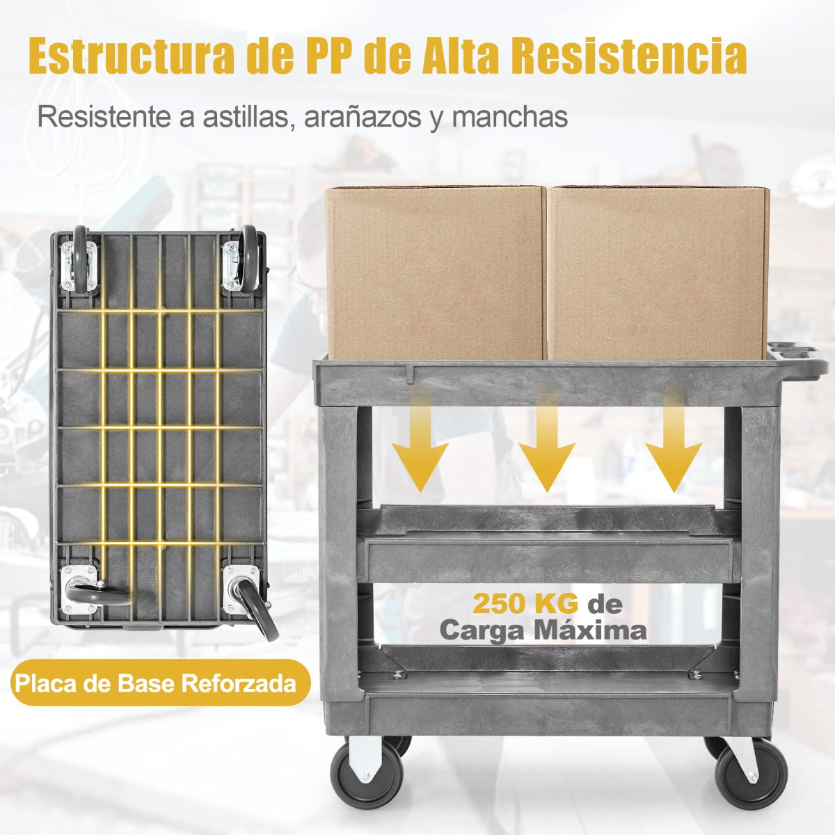 Carro Utilitario de 3 Niveles para Herramientas con Estante Ajustable Manija de Almacenamiento Carga 250 kg para Garaje Almacén Oficina Gris