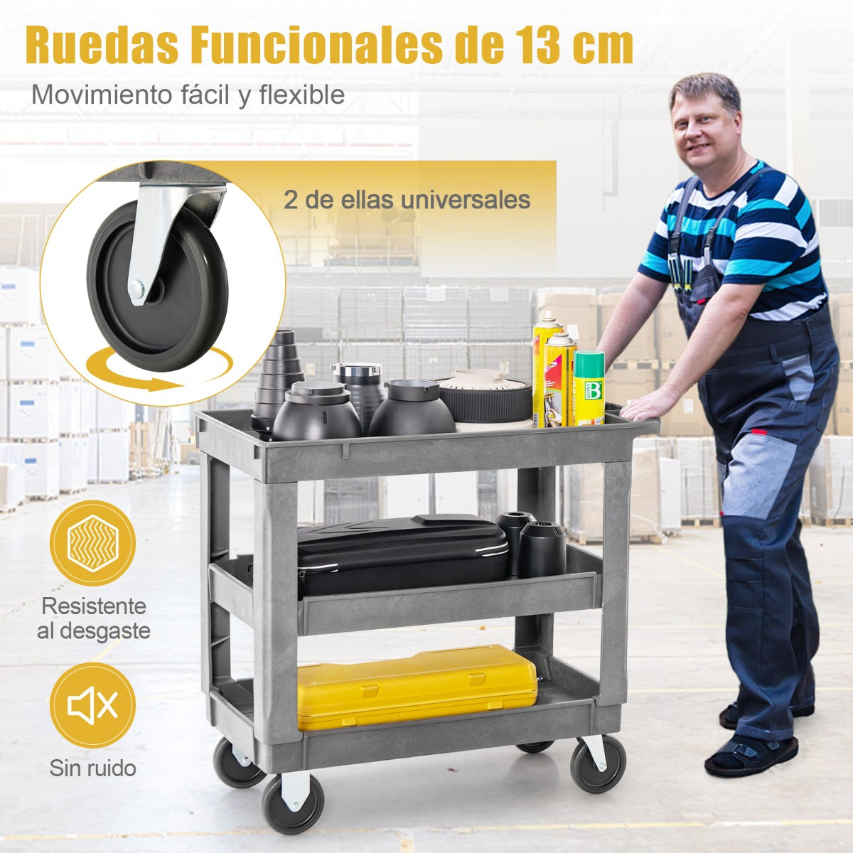 Carro Utilitario de 3 Niveles para Herramientas con Estante Ajustable Manija de Almacenamiento Carga 250 kg para Garaje Almacén Oficina Gris