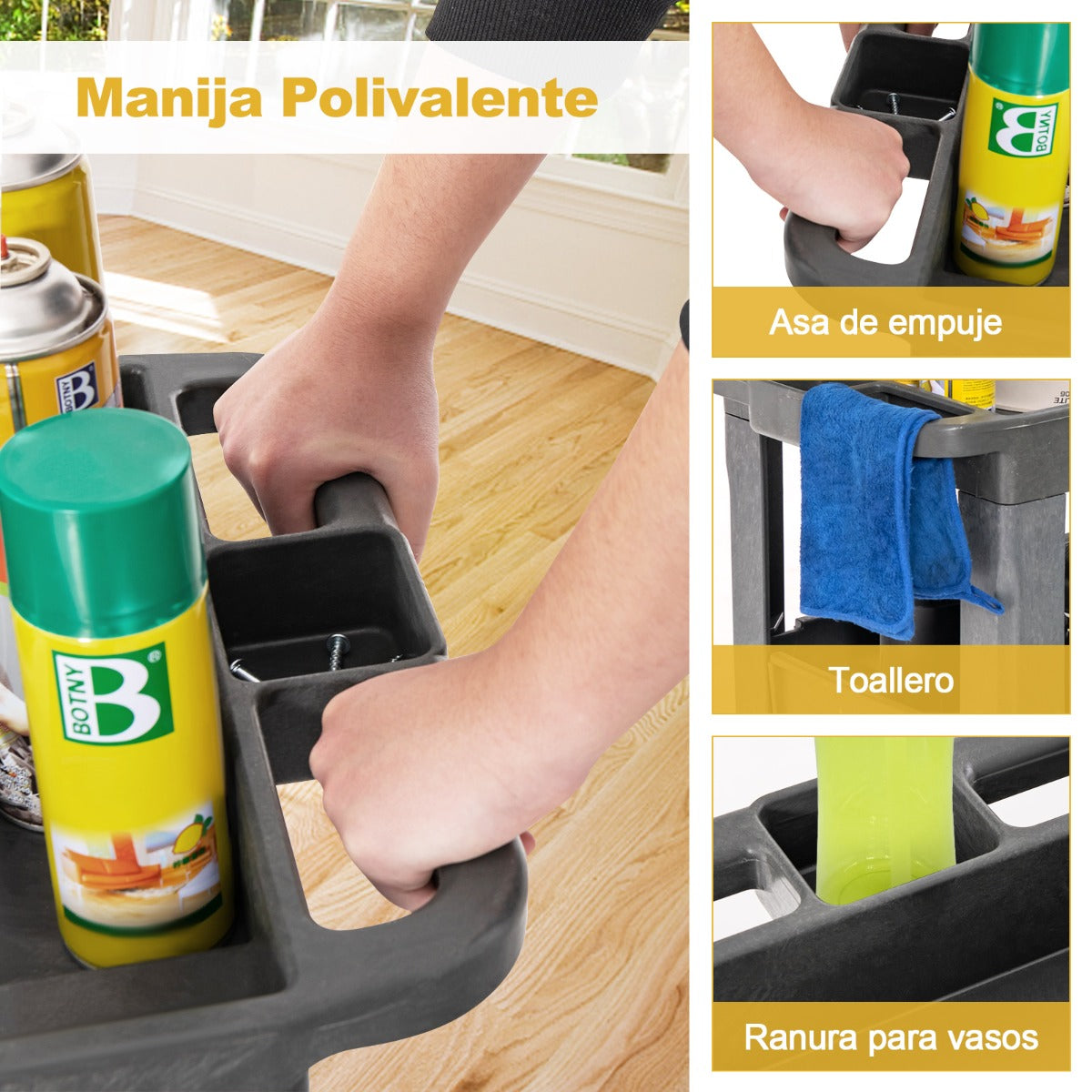Carro Utilitario de 3 Niveles para Herramientas con Estante Ajustable Manija de Almacenamiento Carga 250 kg para Garaje Almacén Oficina Gris
