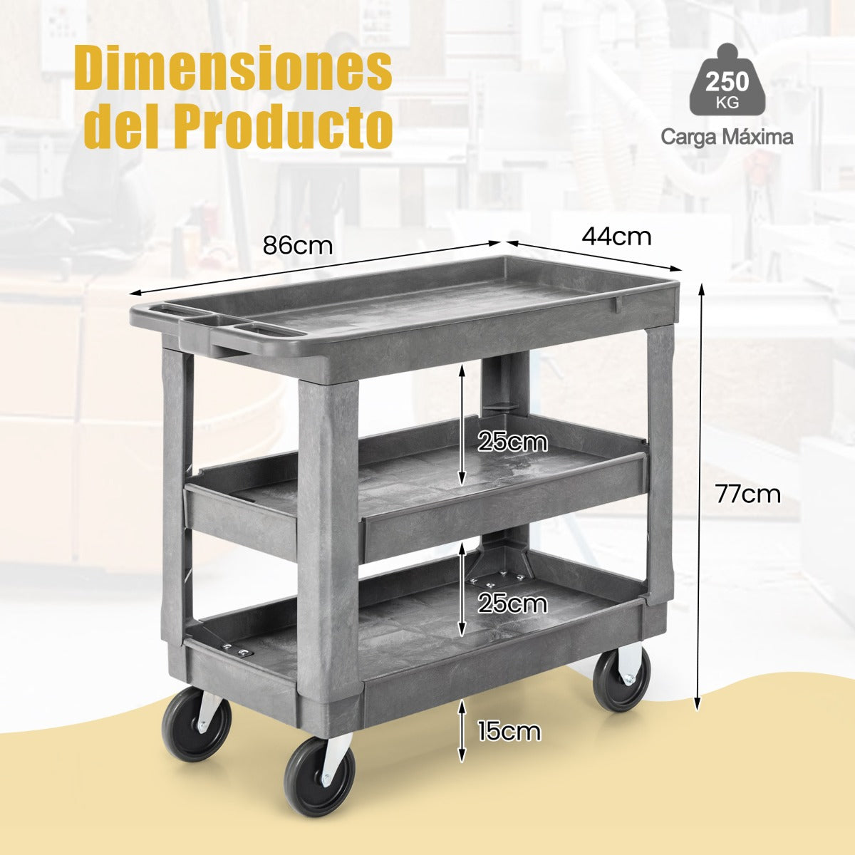Carro Utilitario de 3 Niveles para Herramientas con Estante Ajustable Manija de Almacenamiento Carga 250 kg para Garaje Almacén Oficina Gris