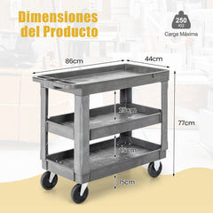 Carro Utilitario de 3 Niveles para Herramientas con Estante Ajustable Manija de Almacenamiento Carga 250 kg para Garaje Almacén Oficina Gris