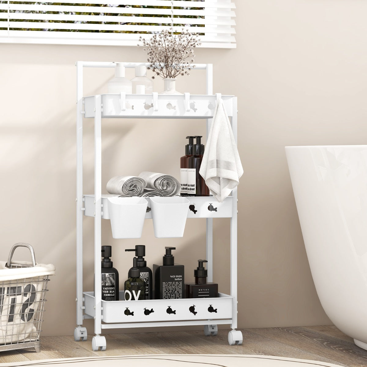 Carro Utilitario de Almacenamiento de 3 Niveles con 2 Tazas Colgantes 4 Ganchos Barra de Manija para Sala de Estar Dormitorio Blanco