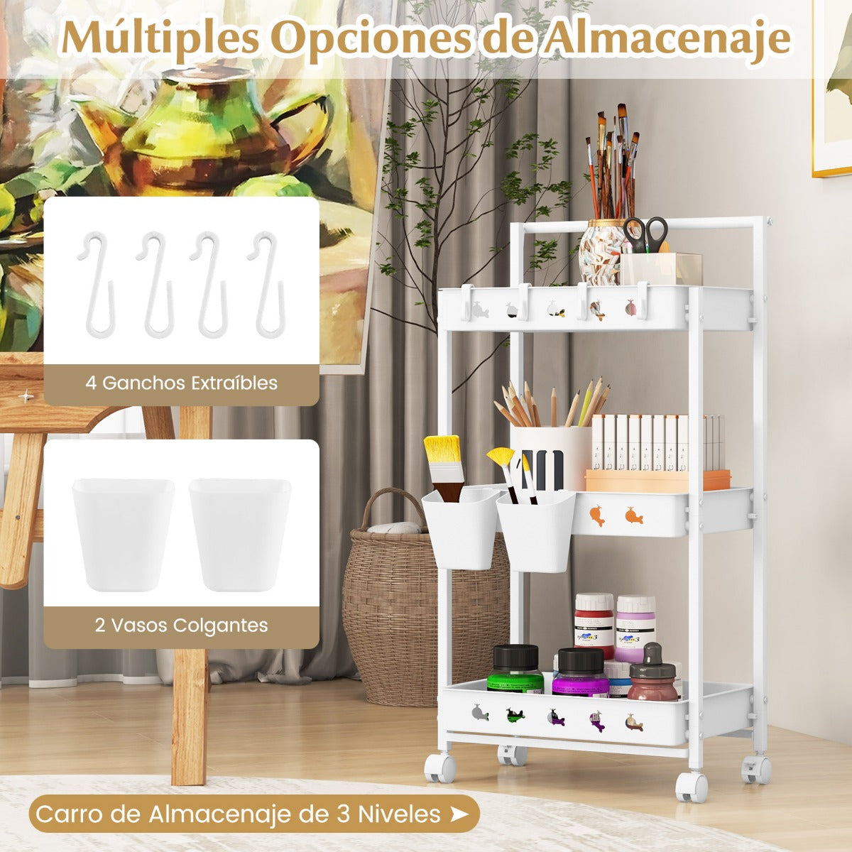 Carro Utilitario de Almacenamiento de 3 Niveles con 2 Tazas Colgantes 4 Ganchos Barra de Manija para Sala de Estar Dormitorio Blanco