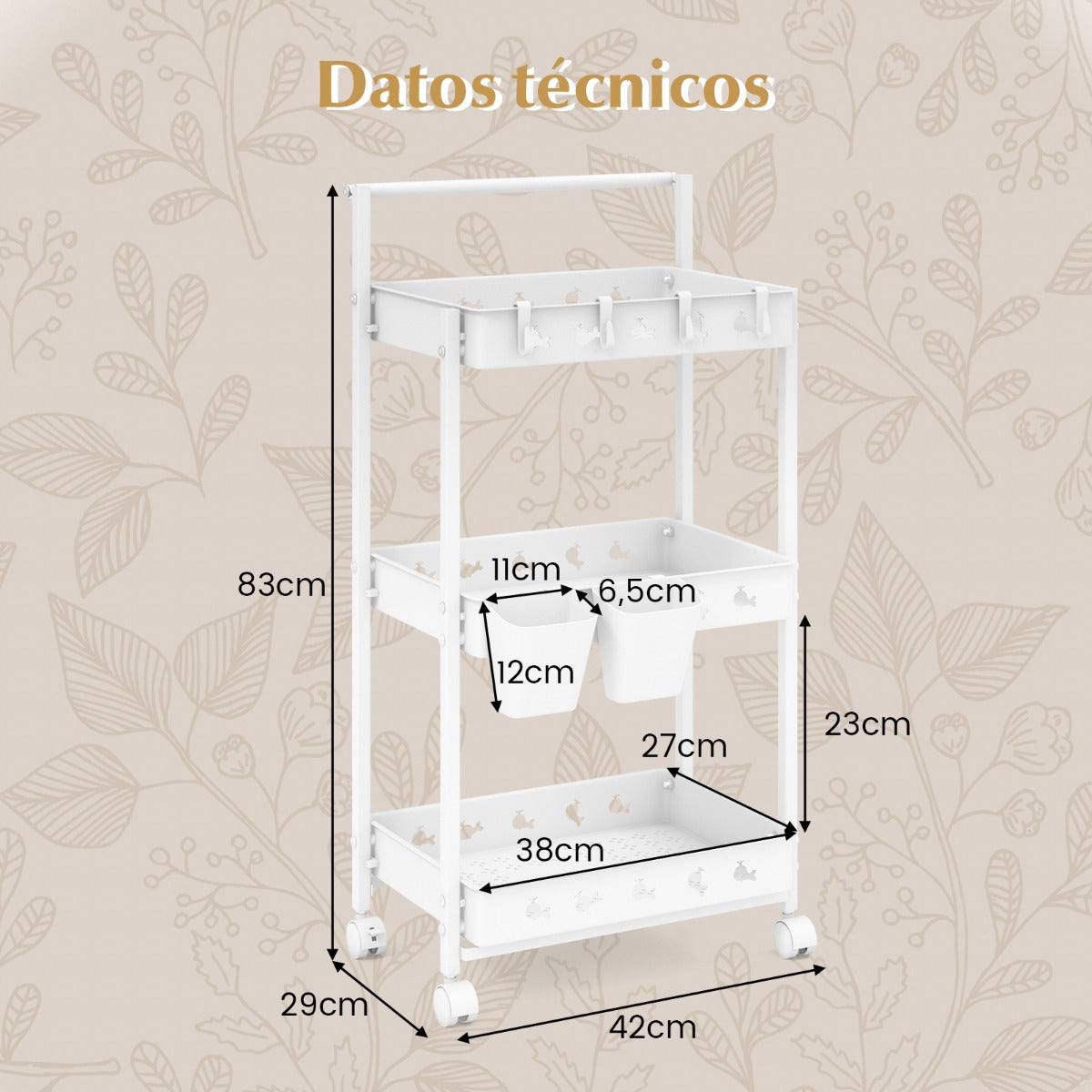 Carro Utilitario de Almacenamiento de 3 Niveles con 2 Tazas Colgantes 4 Ganchos Barra de Manija para Sala de Estar Dormitorio Blanco