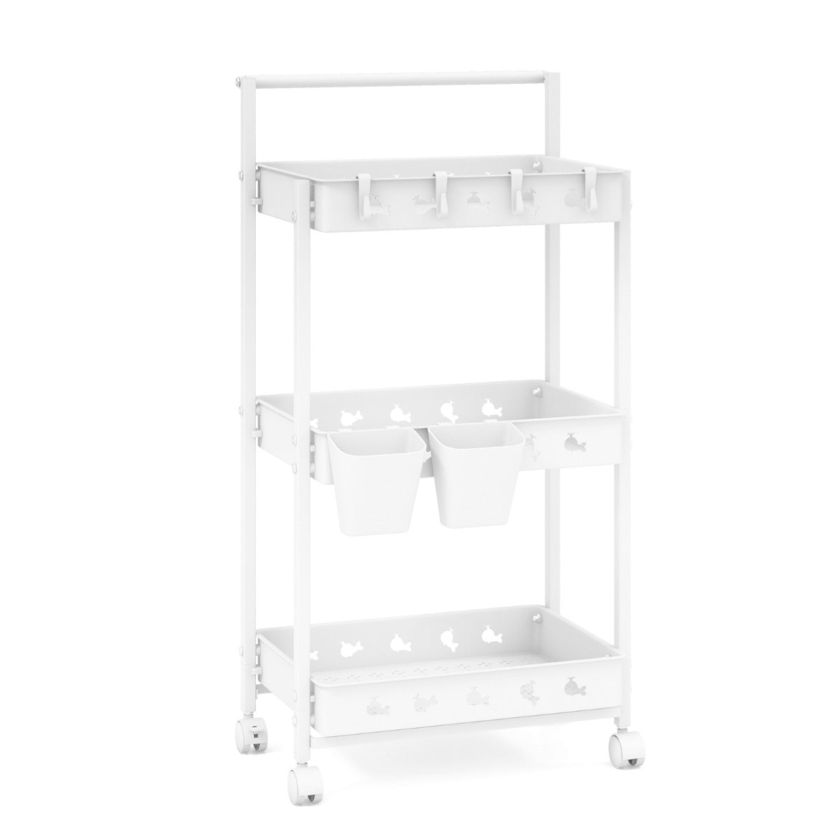 Carro Utilitario de Almacenamiento de 3 Niveles con 2 Tazas Colgantes 4 Ganchos Barra de Manija para Sala de Estar Dormitorio Blanco
