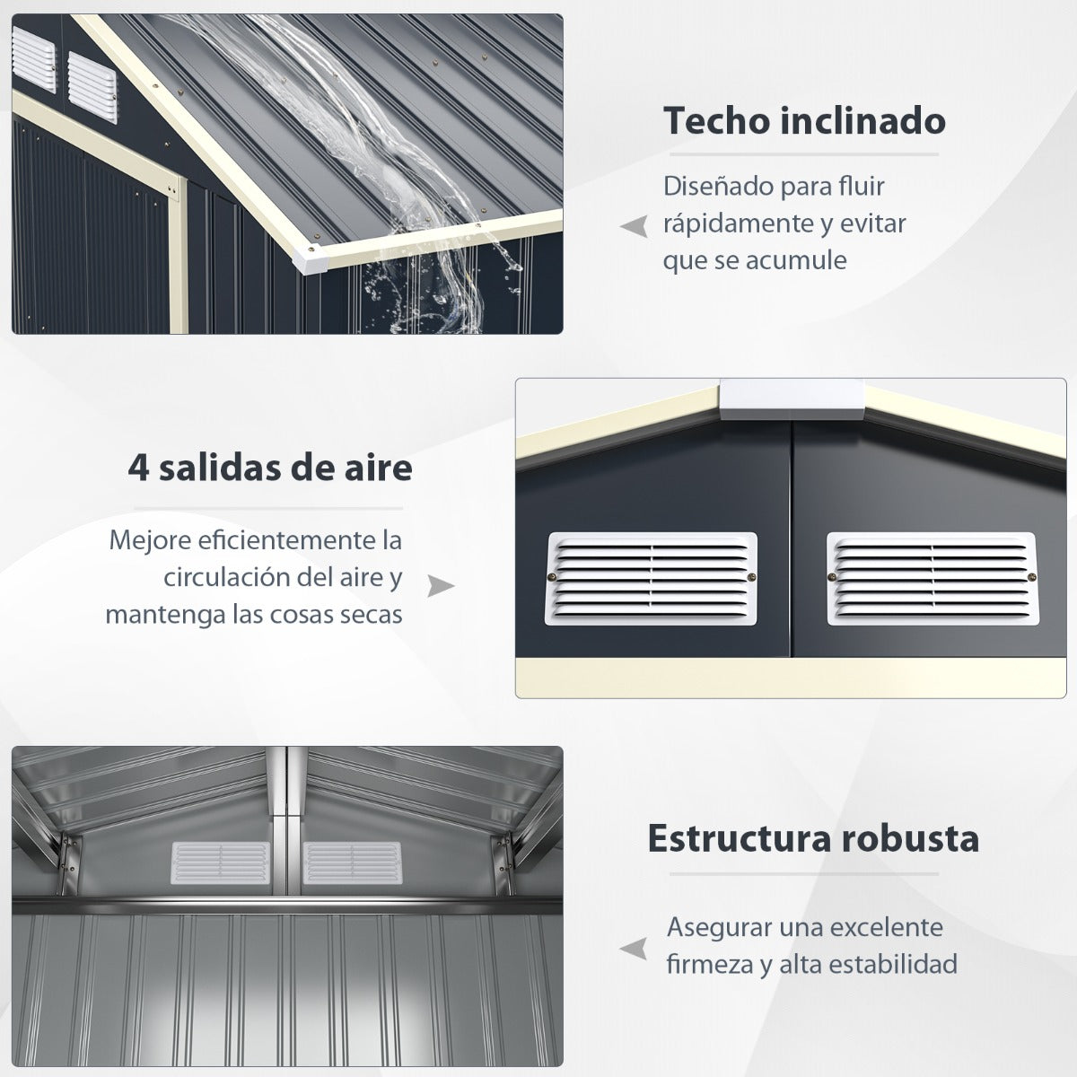 Caseta Jardín Exterior Cobertizo con 4 Respiraderos y Puertas Individuales Casita Organizador para Patio Granja 213 x 127 x 195 cm Gris