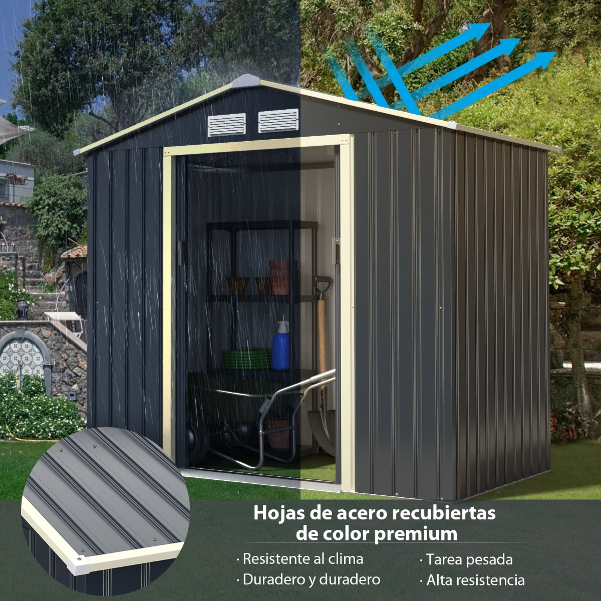 Caseta Jardín Exterior Cobertizo con 4 Respiraderos y Puertas Individuales Casita Organizador para Patio Granja 213 x 127 x 195 cm Gris