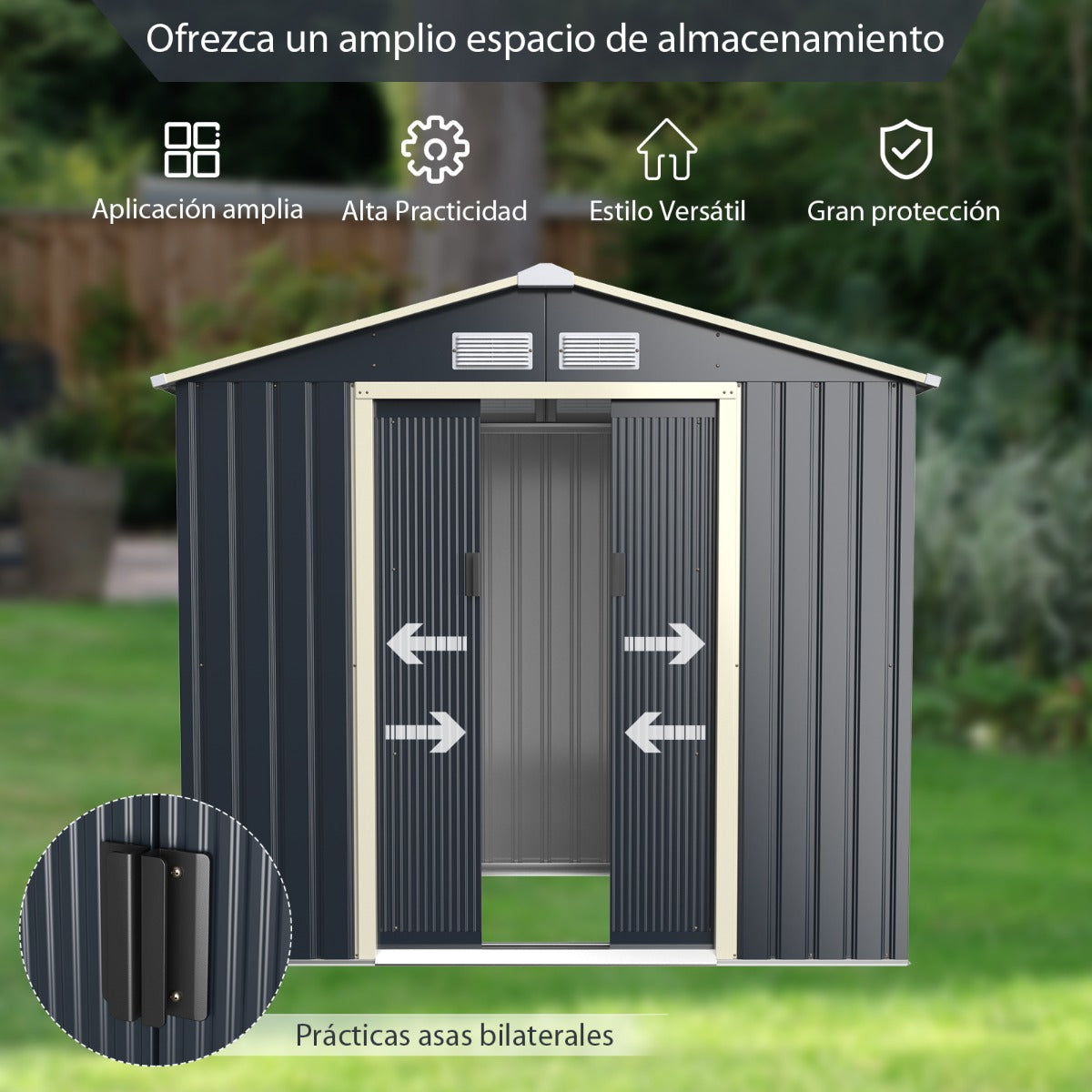 Caseta Jardín Exterior Cobertizo con 4 Respiraderos y Puertas Individuales Casita Organizador para Patio Granja 213 x 127 x 195 cm Gris