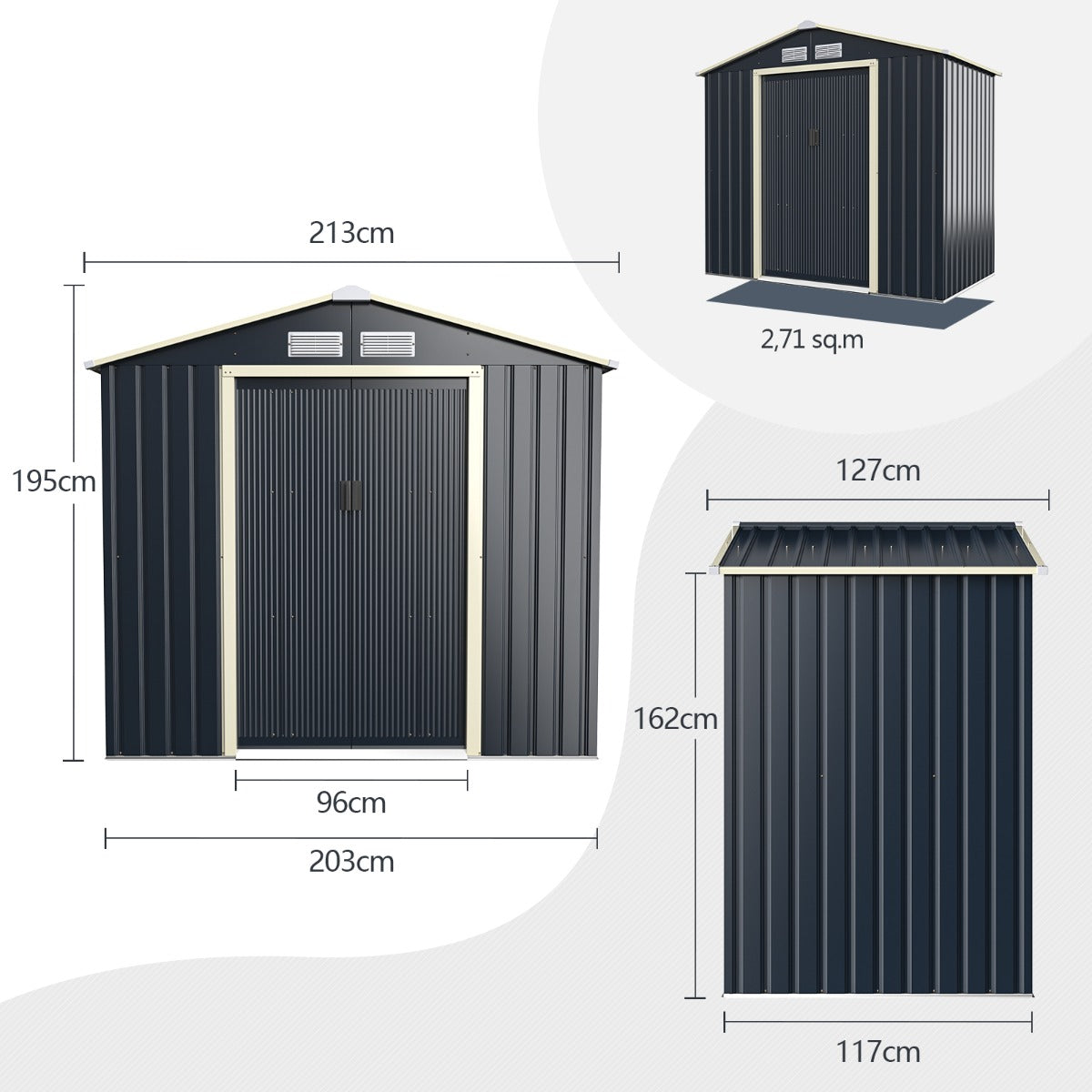 Caseta Jardín Exterior Cobertizo con 4 Respiraderos y Puertas Individuales Casita Organizador para Patio Granja 213 x 127 x 195 cm Gris