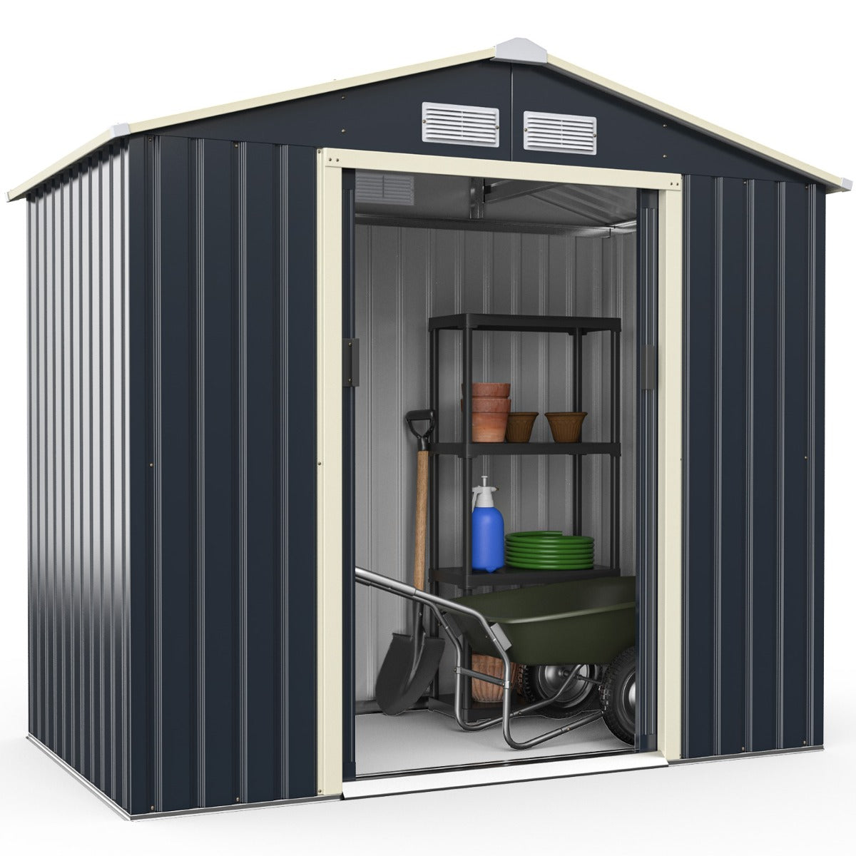 Caseta Jardín Exterior Cobertizo con 4 Respiraderos y Puertas Individuales Casita Organizador para Patio Granja 213 x 127 x 195 cm Gris