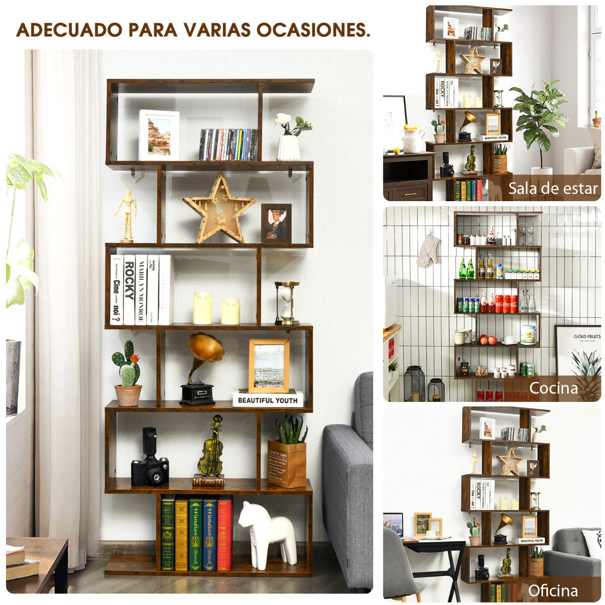 Librería de 6 Niveles Forma de S Estante de Libros Dispositivo Antivuelco Estantería Expositor para Estudio Salón Café 80 x 23 x 191 cm
