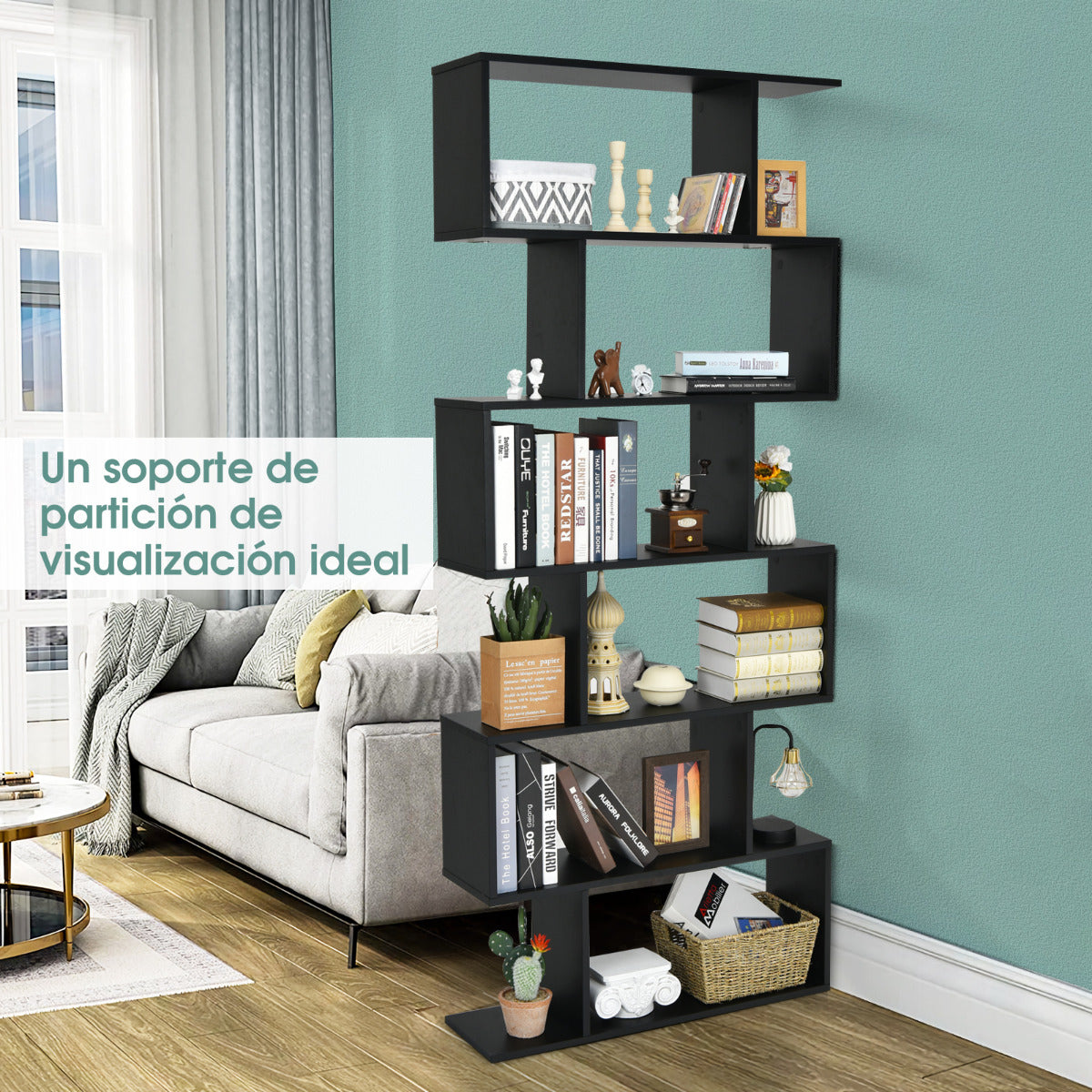 Librería de 6 Niveles Forma de S Estante de Libros de Madera Dispositivo Antivuelco Estantería para Estudio Salón Negro 80 x 23 x 191 cm